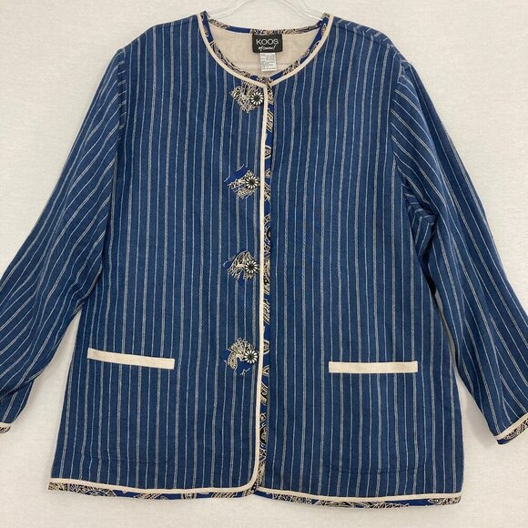 Koos Of Course! Blue Striped Linen Blend Artsy Boho Button Jacket size 2X - Picture 1 of 9